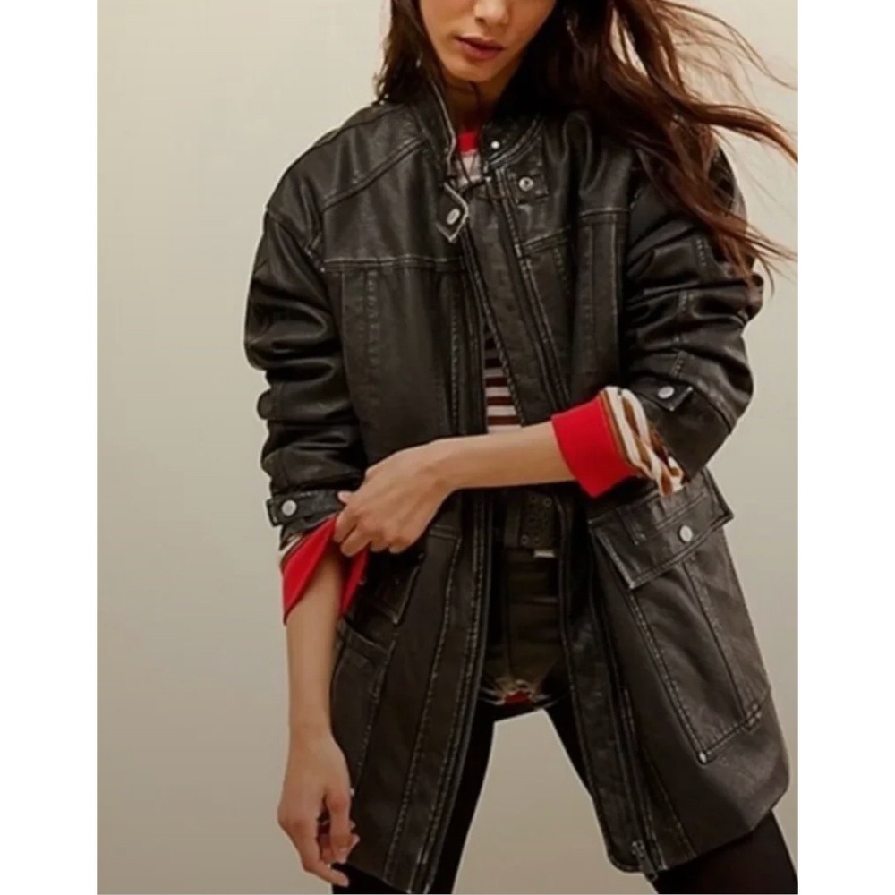 We the Free All About That Moto Jacket, Black Distressed Vegan Leather, Size S